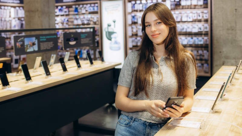 Eine Jugendliche vergleicht Smartphons in Elektronikmarkt Jugendliche,Kind,Handy,Kauf,Elektroladen