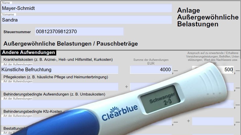 Künstliche Befruchtung als außergewöhnliche Belastung? Steuerformular,Schwangerschaftstest