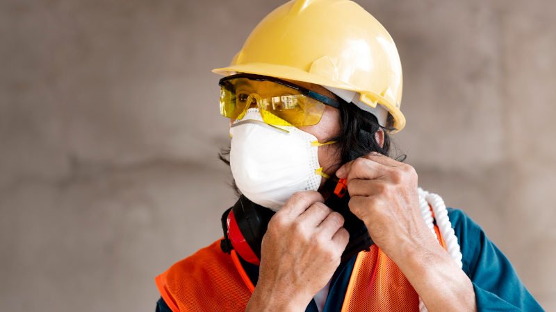 Arbeitnehmer mit Helm, Schutzbrille und Atemschutzmaske Arbeitschutzbekleidung,Berufsbekleidung