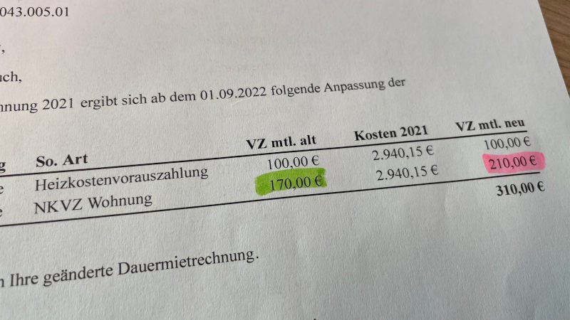 Heizkosten,Nebenkosten,Vorauszahlung,Erhöhung,Schreiben